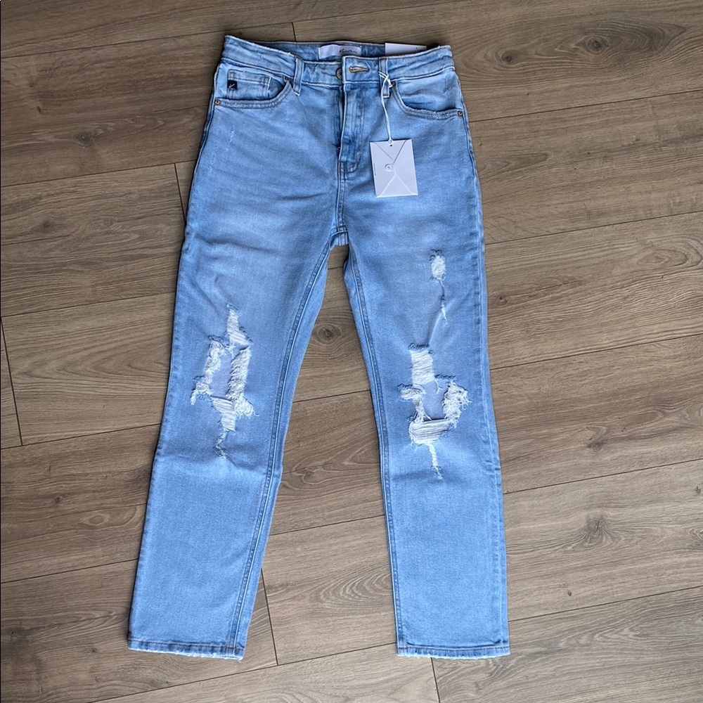 KanCan High Rise Slim Straight Leg Jeans with Distressed Details